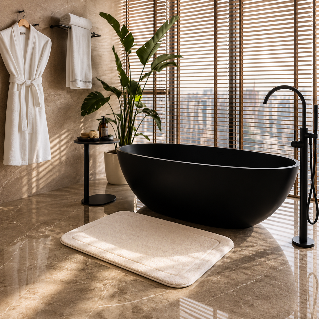 Warm bathroom styling with premium bath mat