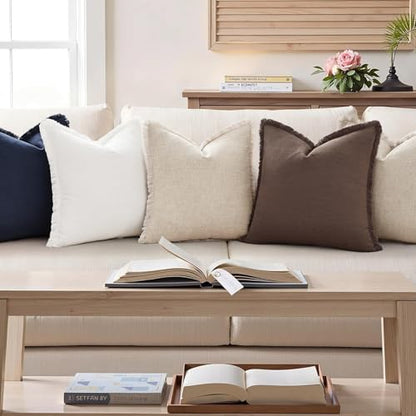 Neutral Linen Fringe Boho Pillow Covers Set of 2