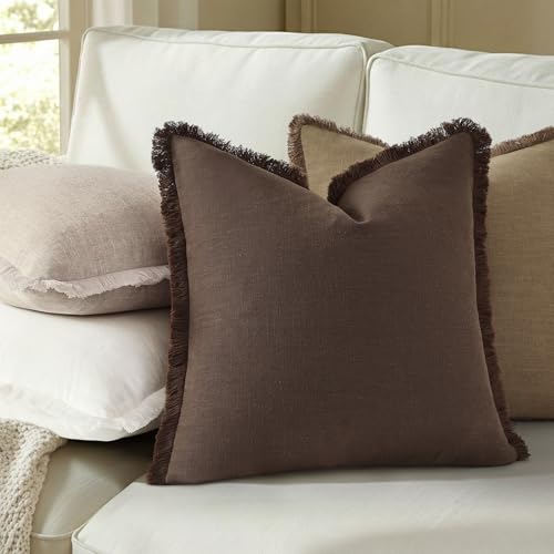 Neutral Linen Fringe Boho Pillow Covers Set of 2