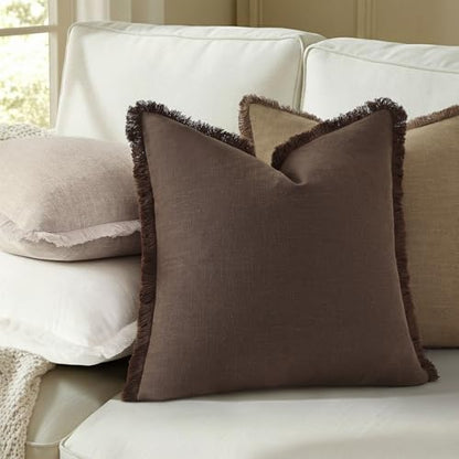 Neutral Linen Fringe Boho Pillow Covers Set of 2