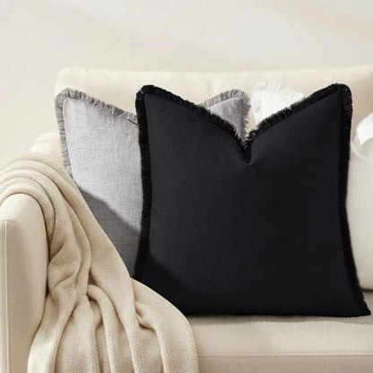 Neutral Linen Fringe Boho Pillow Covers Set of 2