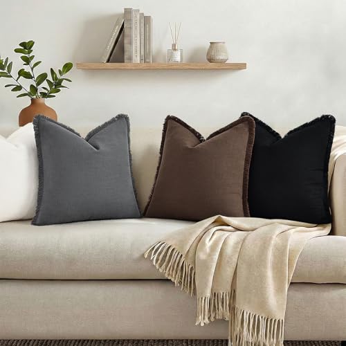 Neutral Linen Fringe Boho Pillow Covers Set of 2