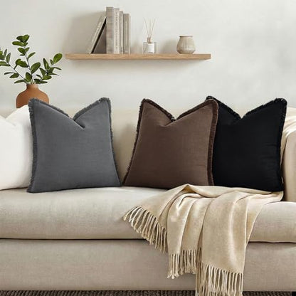 Neutral Linen Fringe Boho Pillow Covers Set of 2