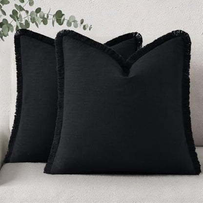 Neutral Linen Fringe Boho Pillow Covers Set of 2