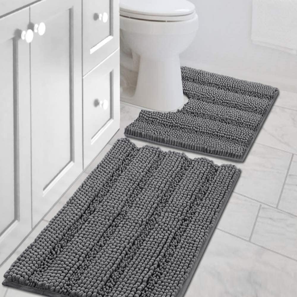 Chenille Striped Bath Rug Set with Non-Skid Backing