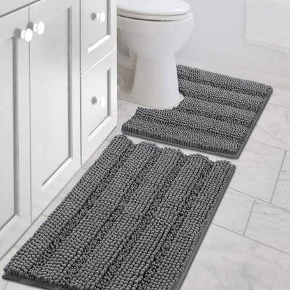 Chenille Striped Bath Rug Set with Non-Skid Backing