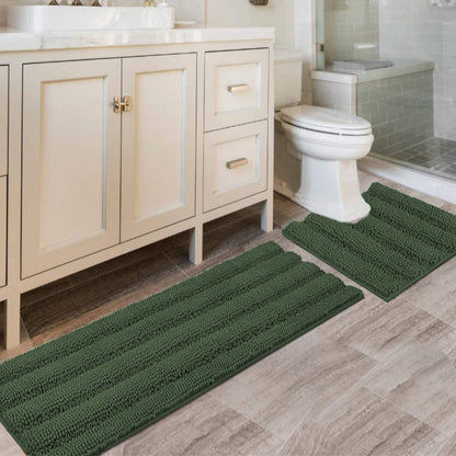 Chenille Striped Bath Rug Set with Non-Skid Backing