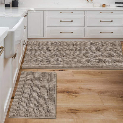 Chenille Striped Bath Rug Set with Non-Skid Backing