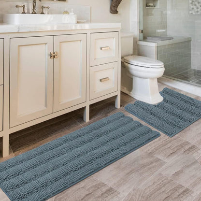 Chenille Striped Bath Rug Set with Non-Skid Backing