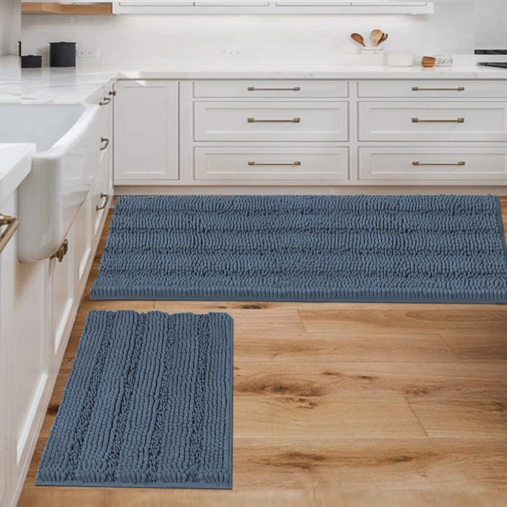 Chenille Striped Bath Rug Set with Non-Skid Backing
