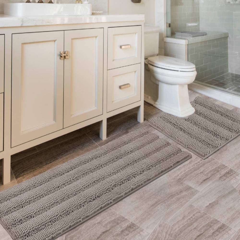 Chenille Striped Bath Rug Set with Non-Skid Backing