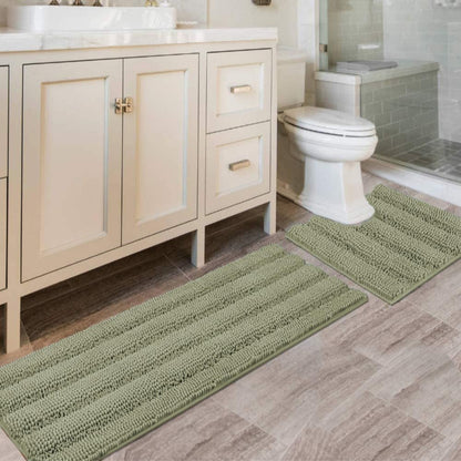 Chenille Striped Bath Rug Set with Non-Skid Backing