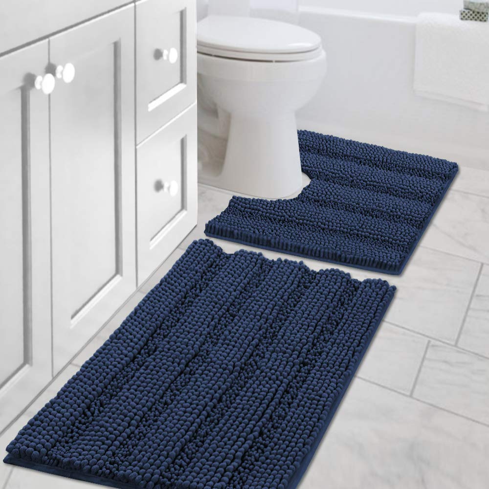 Chenille Striped Bath Rug Set with Non-Skid Backing