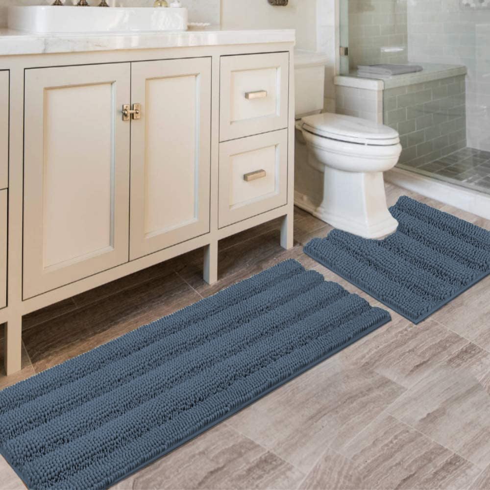Chenille Striped Bath Rug Set with Non-Skid Backing