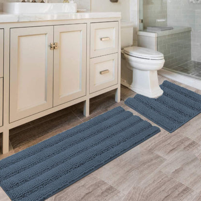 Chenille Striped Bath Rug Set with Non-Skid Backing