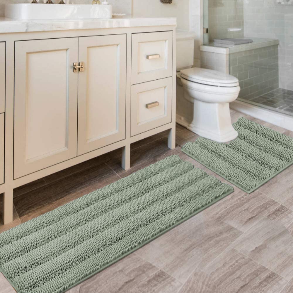 Chenille Striped Bath Rug Set with Non-Skid Backing