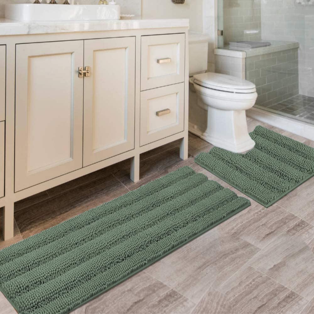 Chenille Striped Bath Rug Set with Non-Skid Backing