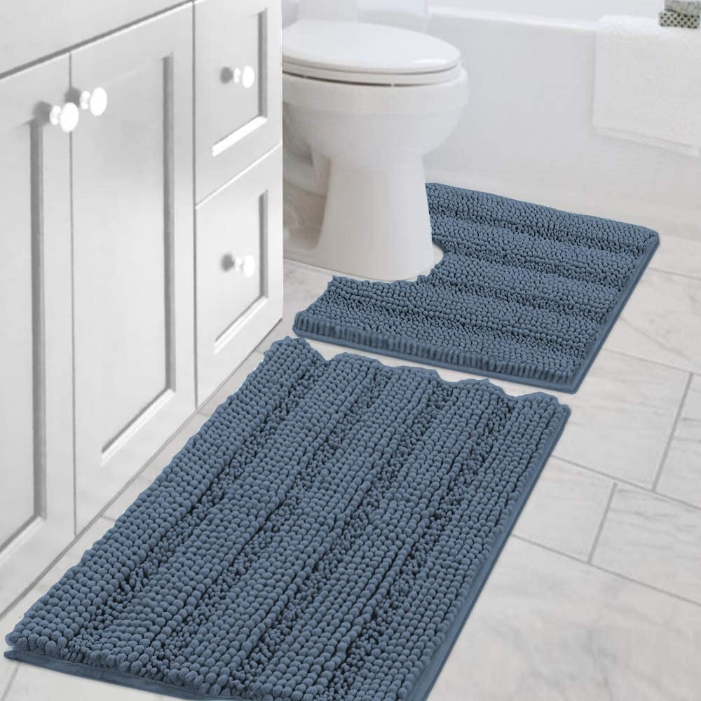 Chenille Striped Bath Rug Set with Non-Skid Backing