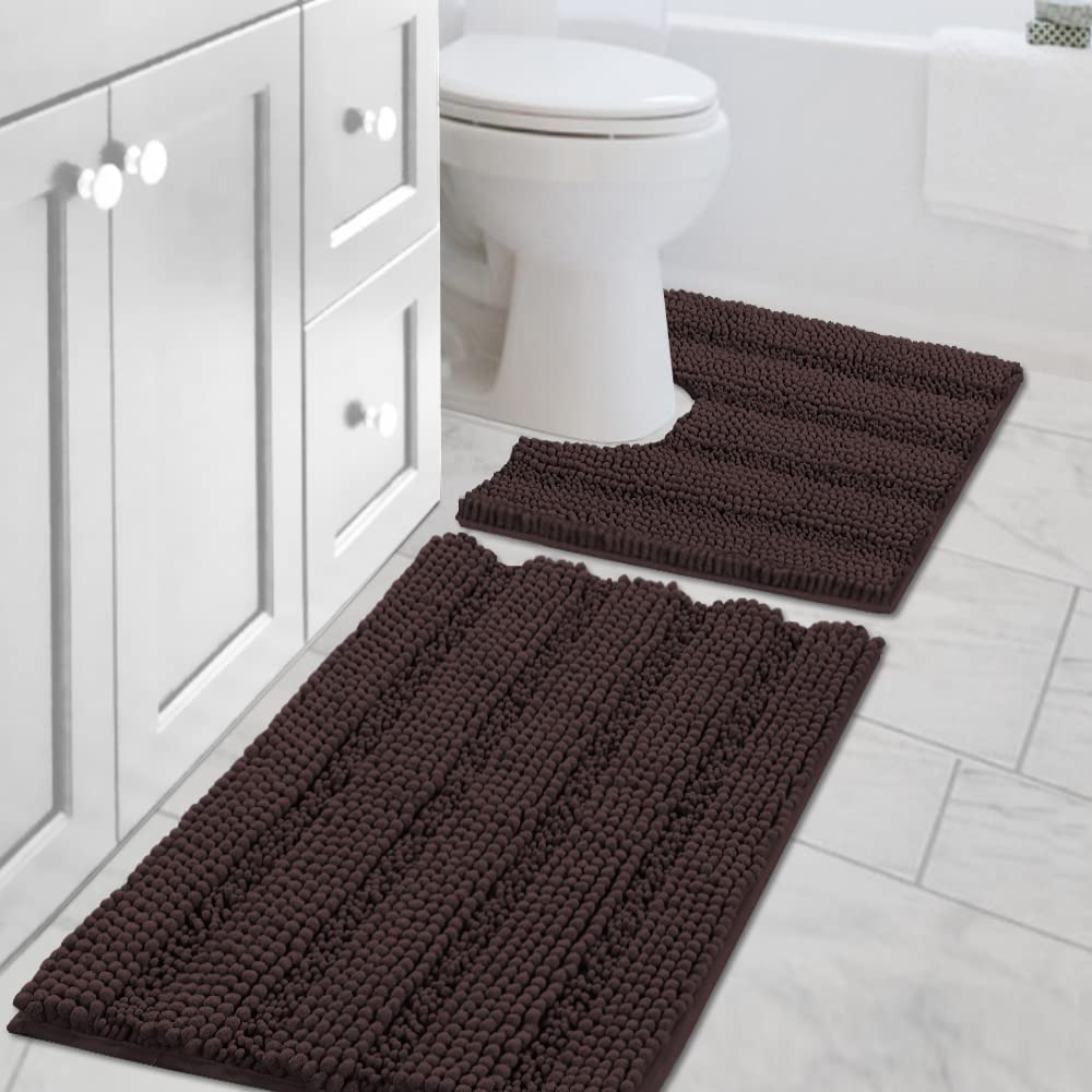 Chenille Striped Bath Rug Set with Non-Skid Backing