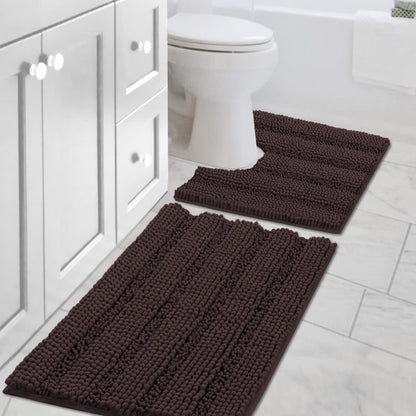 Chenille Striped Bath Rug Set with Non-Skid Backing