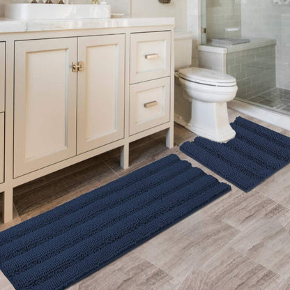 Chenille Striped Bath Rug Set with Non-Skid Backing