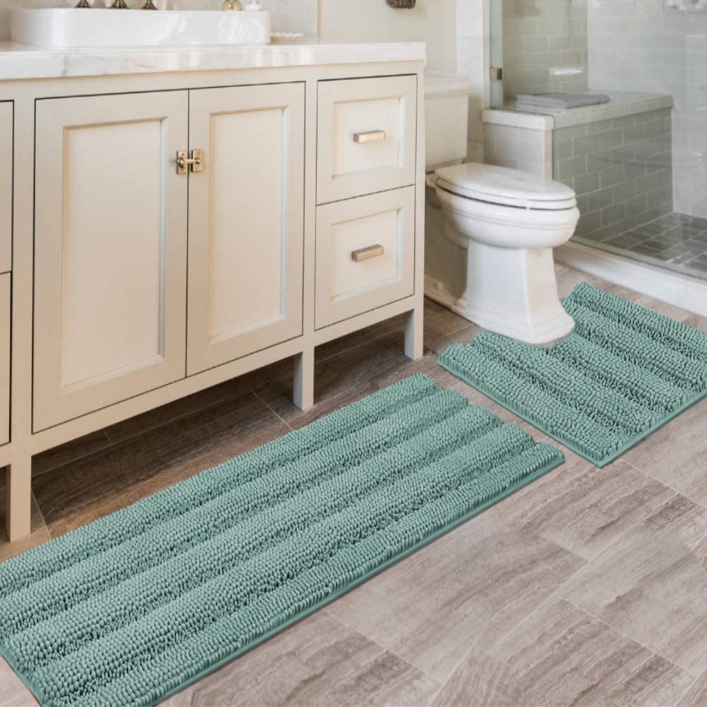 Chenille Striped Bath Rug Set with Non-Skid Backing