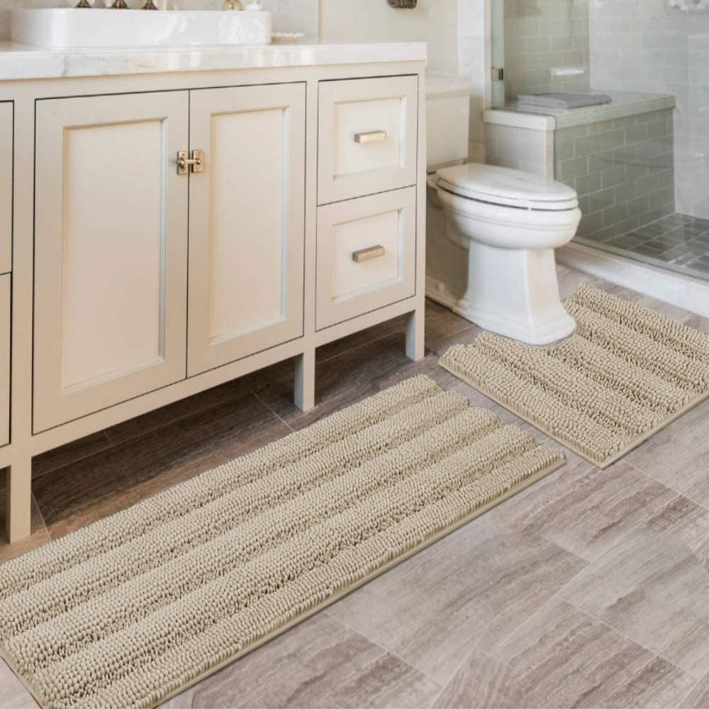 Chenille Striped Bath Rug Set with Non-Skid Backing