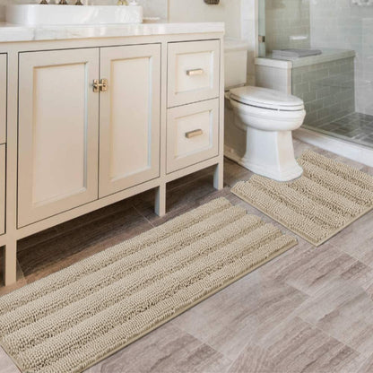 Chenille Striped Bath Rug Set with Non-Skid Backing