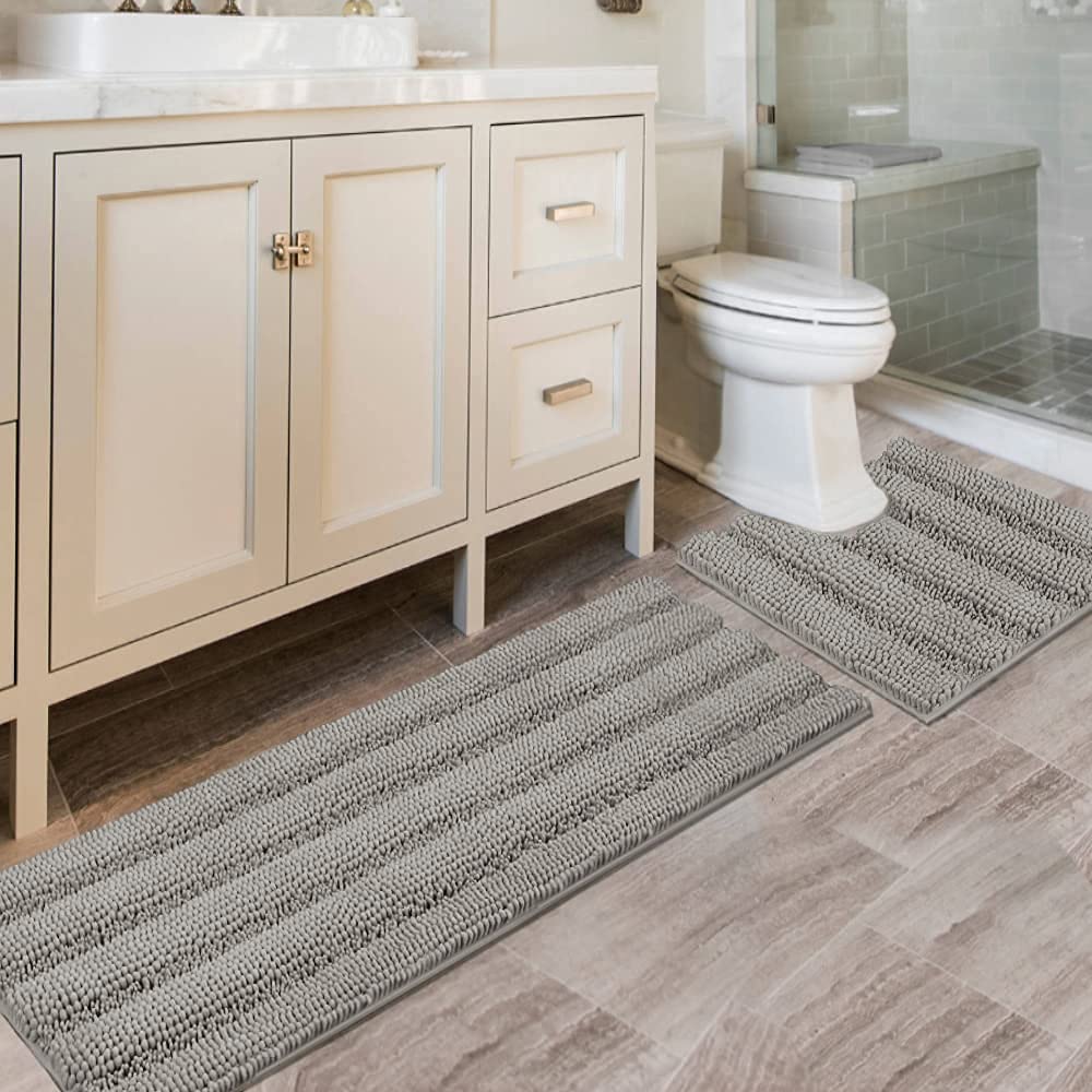 Chenille Striped Bath Rug Set with Non-Skid Backing