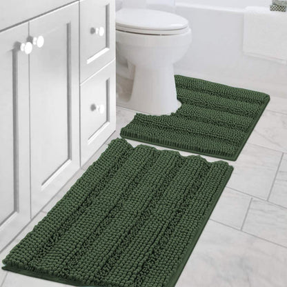 Chenille Striped Bath Rug Set with Non-Skid Backing