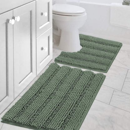 Chenille Striped Bath Rug Set with Non-Skid Backing