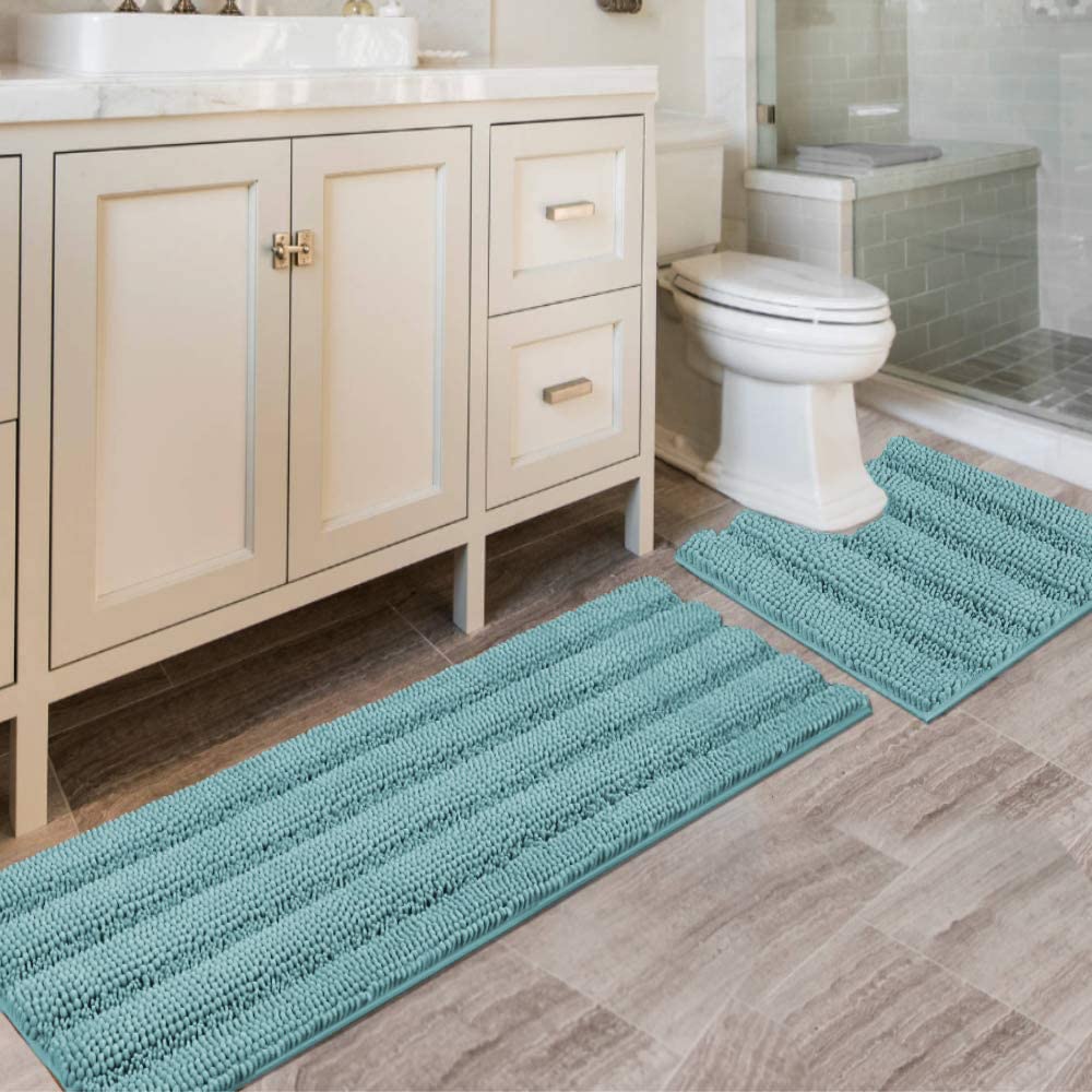 Chenille Striped Bath Rug Set with Non-Skid Backing