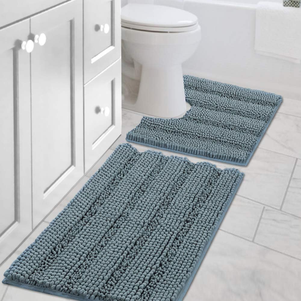 Chenille Striped Bath Rug Set with Non-Skid Backing
