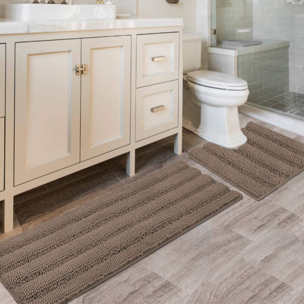 Chenille Striped Bath Rug Set with Non-Skid Backing