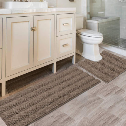 Chenille Striped Bath Rug Set with Non-Skid Backing