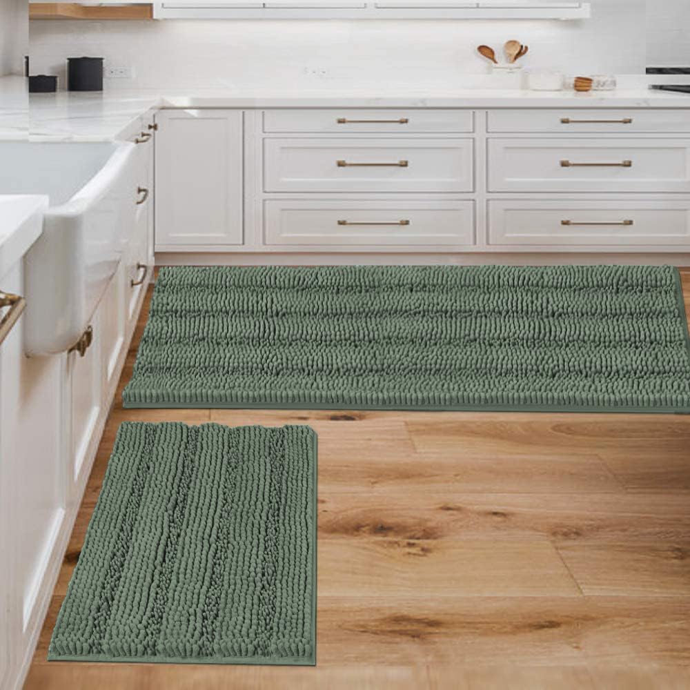 Chenille Striped Bath Rug Set with Non-Skid Backing