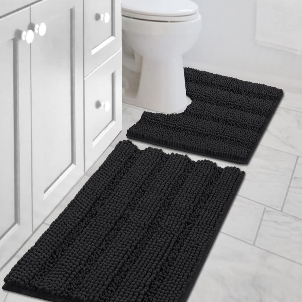 Chenille Striped Bath Rug Set with Non-Skid Backing