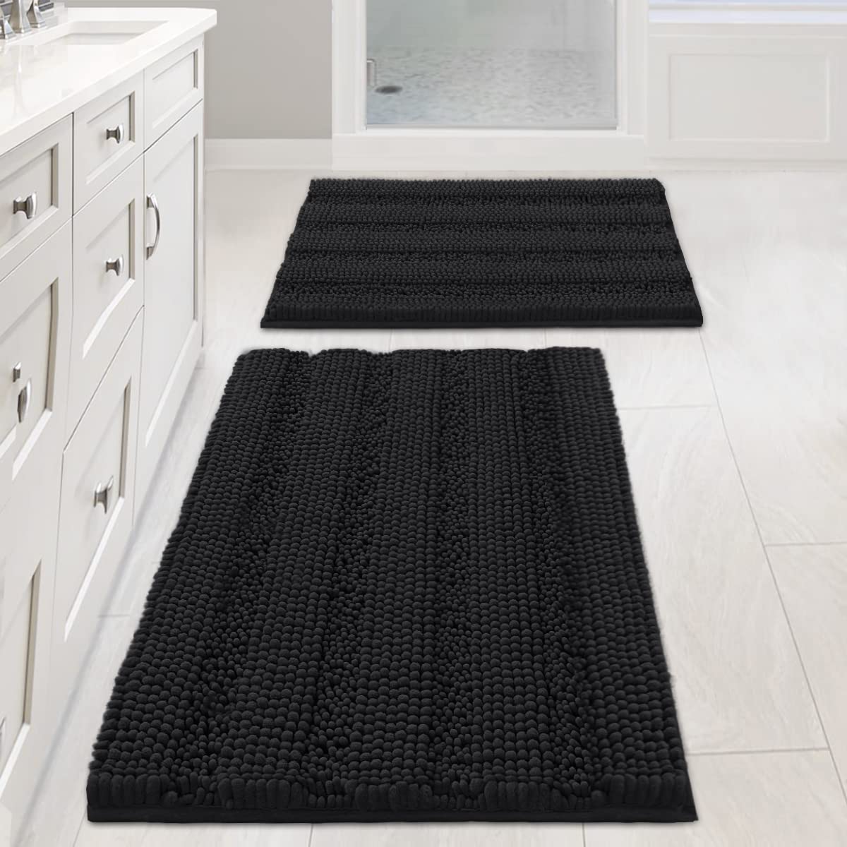 Chenille Striped Bath Rug Set with Non-Skid Backing