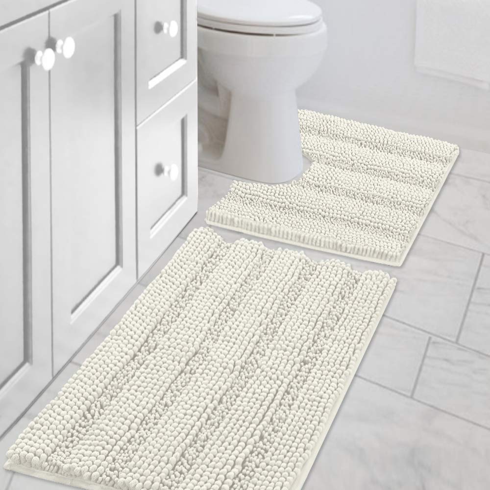 Chenille Striped Bath Rug Set with Non-Skid Backing