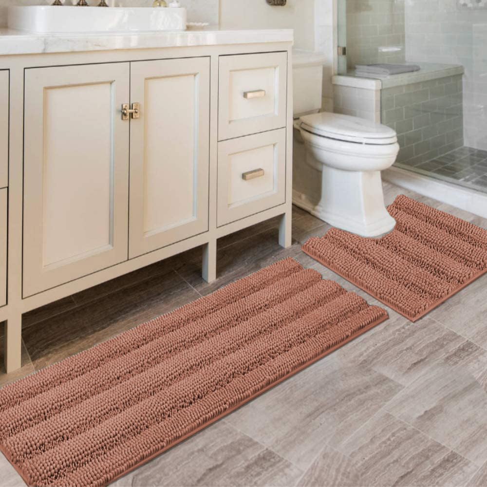 Chenille Striped Bath Rug Set with Non-Skid Backing