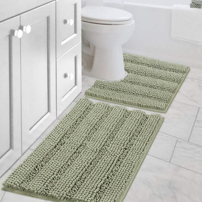Chenille Striped Bath Rug Set with Non-Skid Backing