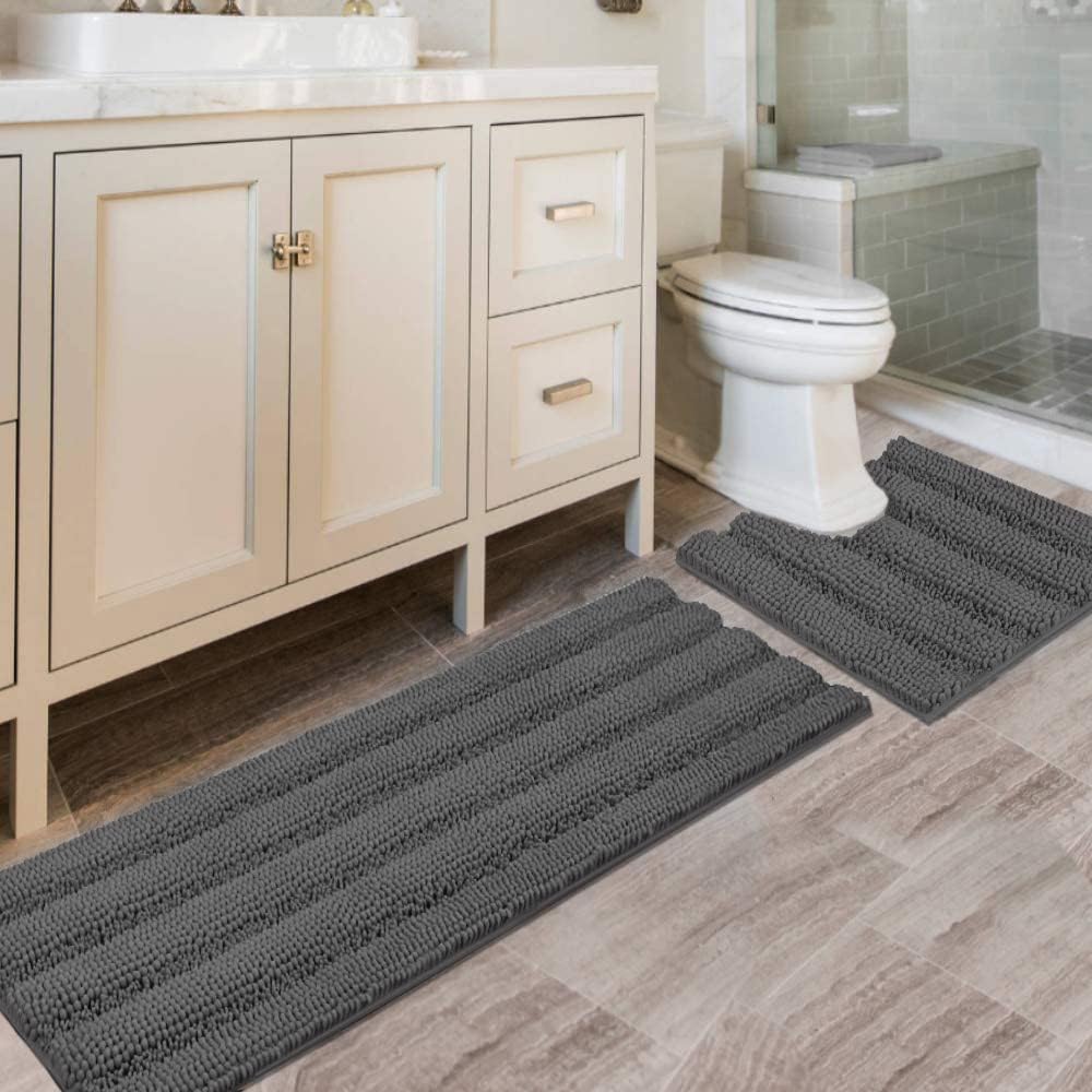 Chenille Striped Bath Rug Set with Non-Skid Backing