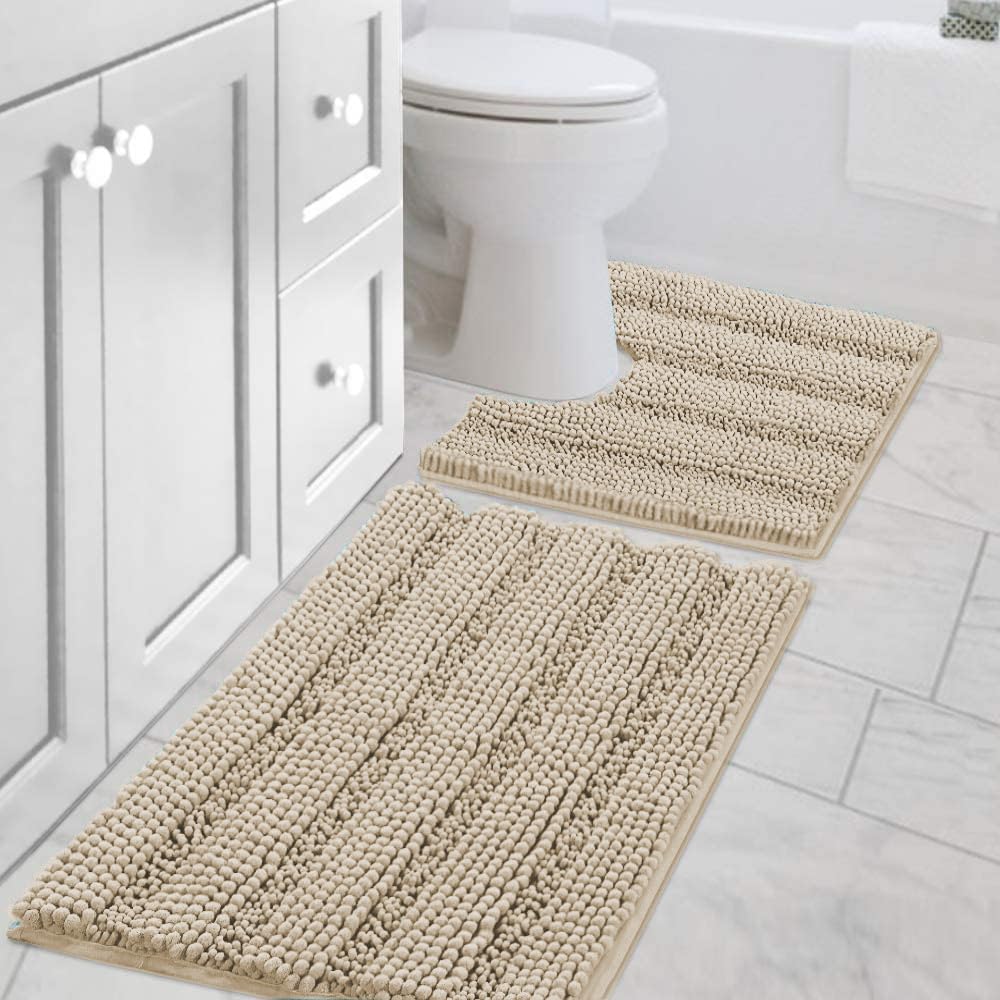 Chenille Striped Bath Rug Set with Non-Skid Backing