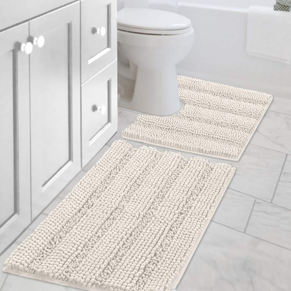 Chenille Striped Bath Rug Set with Non-Skid Backing