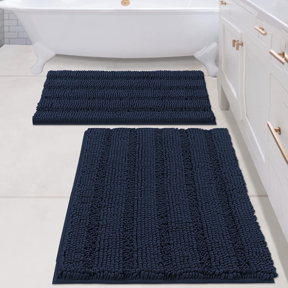 Chenille Striped Bath Rug Set with Non-Skid Backing
