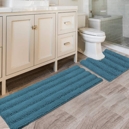 Chenille Striped Bath Rug Set with Non-Skid Backing