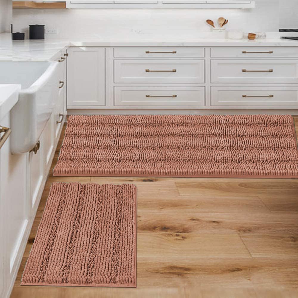 Chenille Striped Bath Rug Set with Non-Skid Backing
