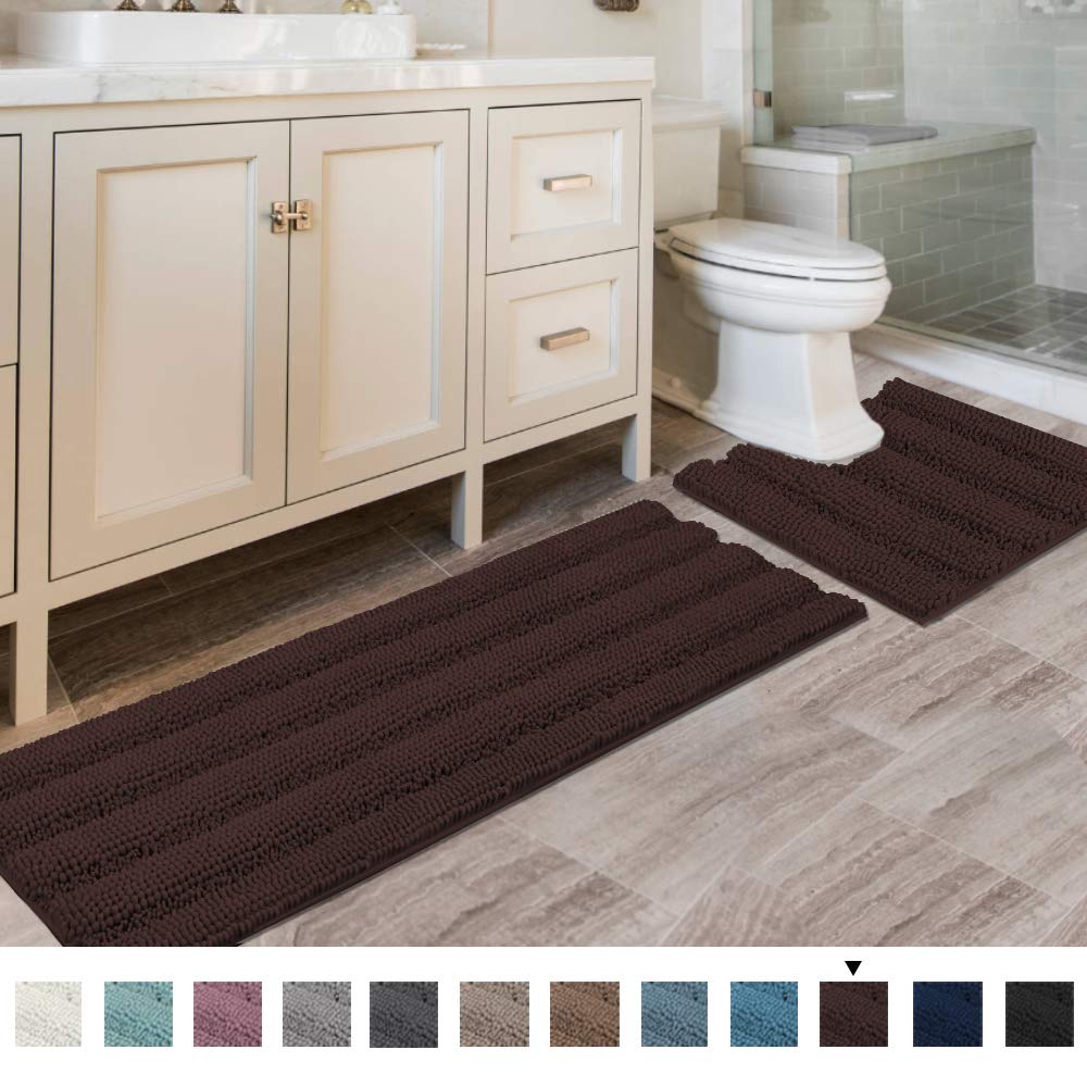 Chenille Striped Bath Rug Set with Non-Skid Backing