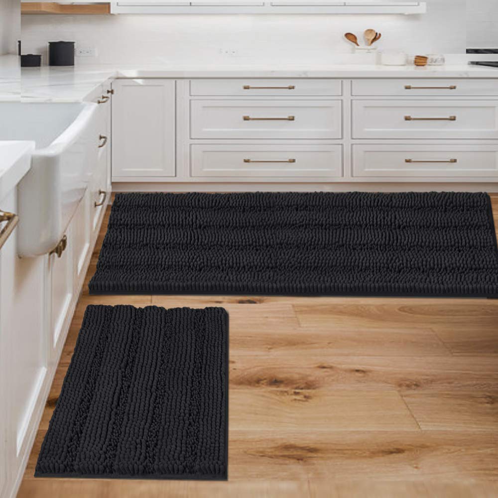 Chenille Striped Bath Rug Set with Non-Skid Backing