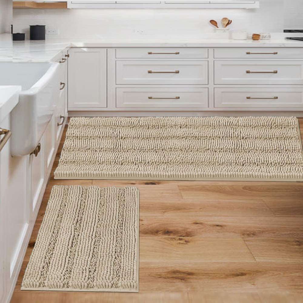 Chenille Striped Bath Rug Set with Non-Skid Backing